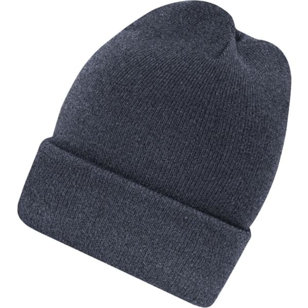 A dark grey high brim beanie with a rolled cuff and a soft knitted texture. It features a logo on the side.