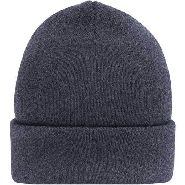 A high brim beanie in dark grey, featuring a knitted texture and a folded cuff. It has a logo on the side.