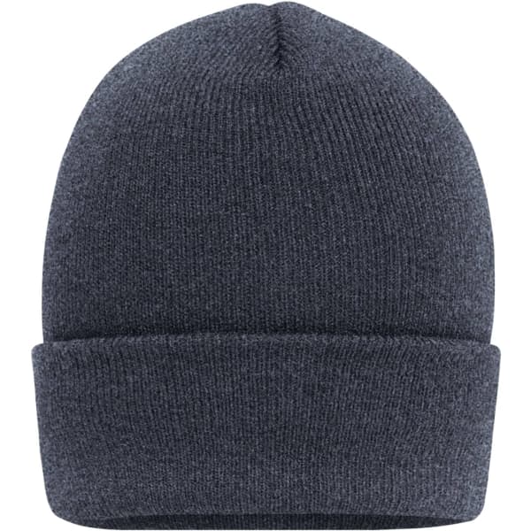 A high brim beanie in a dark grey colour, featuring a folded cuff and a textured knit design.