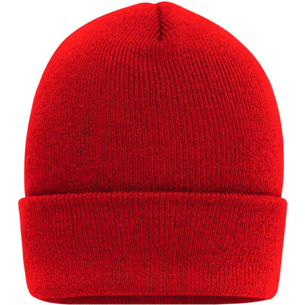 A red high brim beanie with a folded cuff. The beanie has a plain texture and includes a logo.