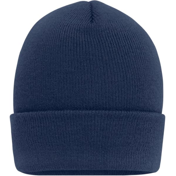 A navy high brim beanie with a fold at the base, featuring a simple design and a logo.