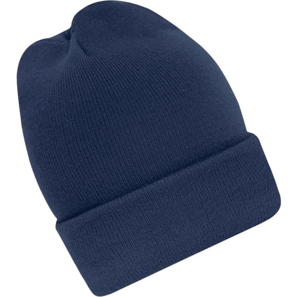 A high brim beanie in navy blue, featuring a knitted texture and a folded cuff, with a logo on it.
