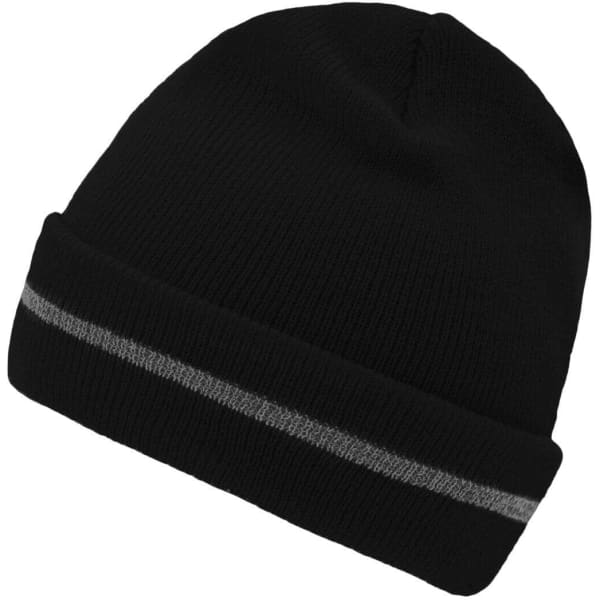 A black beanie with a reflective grey band, featuring a snug, knitted design and a branded logo.