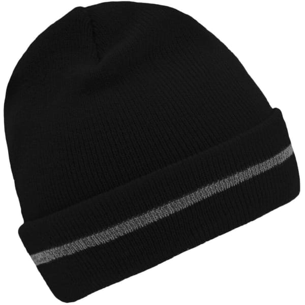 A black beanie with a reflective silver stripe and a folded cuff, featuring a logo.