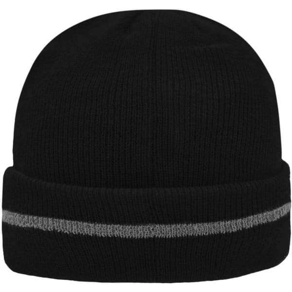 A black reflective beanie featuring a grey stripe, designed with a snug fit. It has a simple logo on one side.