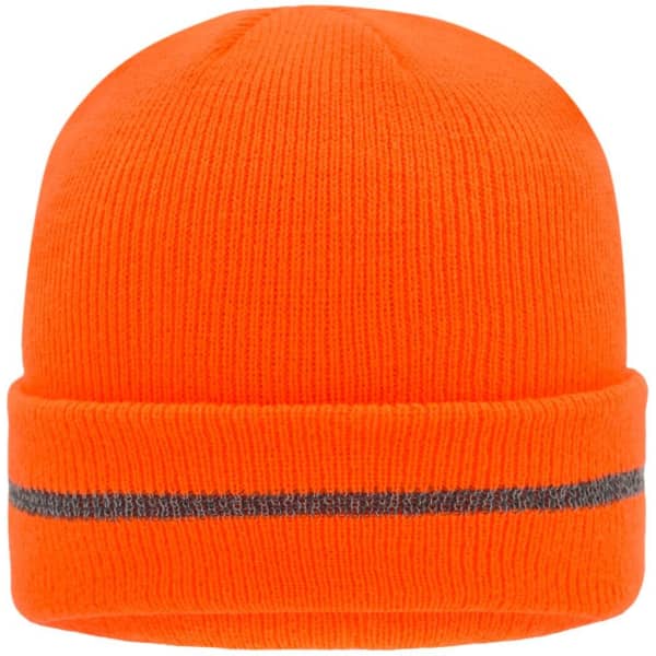 An orange beanie with a reflective grey stripe and a logo on the front.
