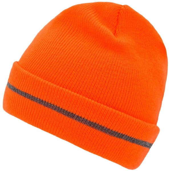 An orange reflective beanie with a grey stripe around the brim, featuring a logo.