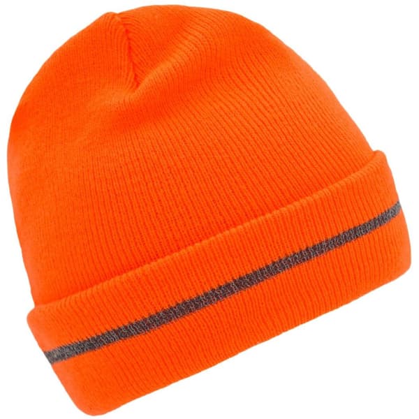 An orange beanie with a grey reflective band around the middle. It has a knitted texture and a fold-up brim.