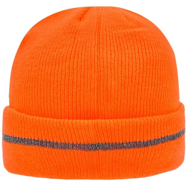 A bright orange beanie with a grey reflective band at the centre, featuring a folded cuff.
