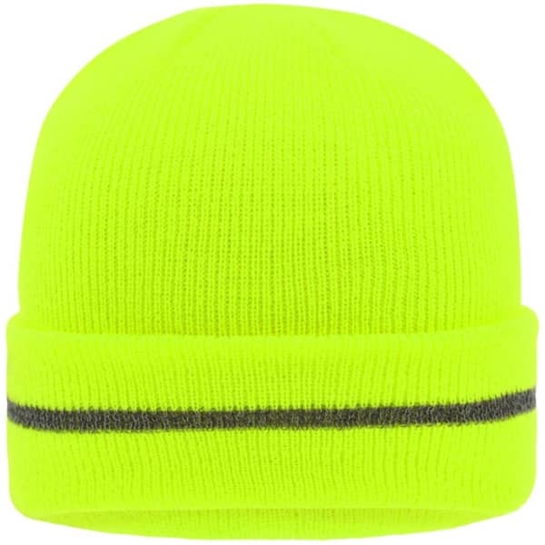 A bright yellow reflective beanie with a grey stripe along the brim. Features a logo on the side.