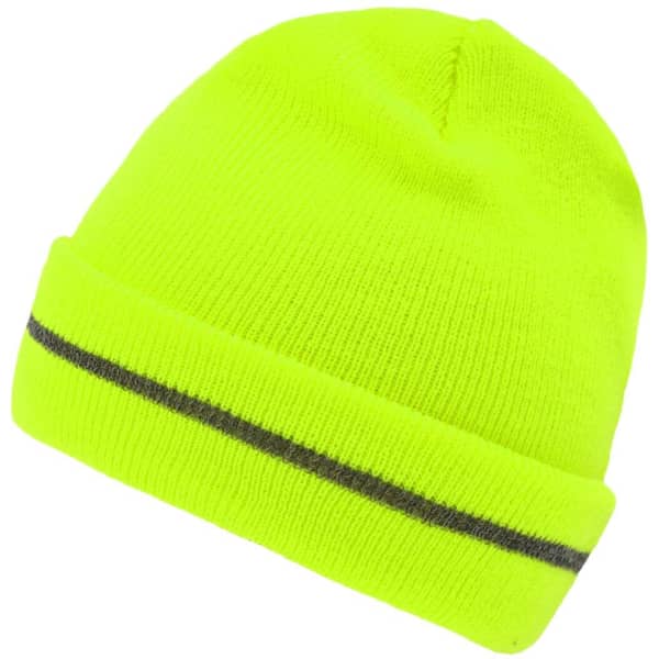 A reflective beanie in bright yellow with a grey stripe around the cuff. It has a branding logo.
