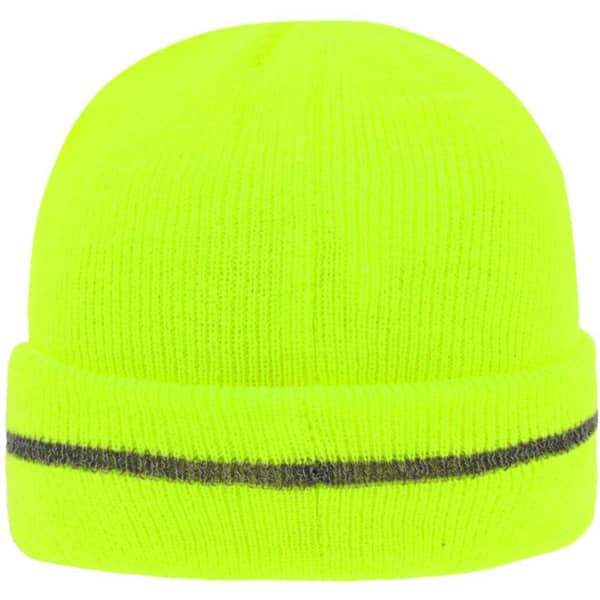 A reflective beanie in bright yellow with a grey stripe around the base. Features a logo on the side.