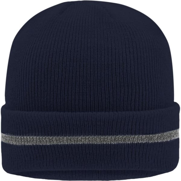 A navy blue beanie with a reflective silver band, featuring a logo on the front.