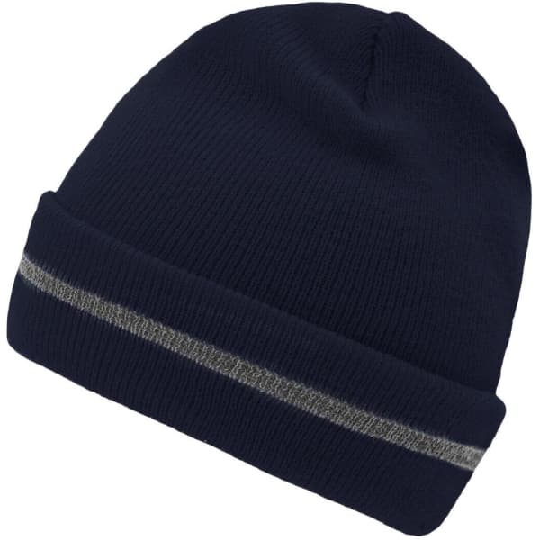 A navy beanie with a reflective silver stripe, featuring a logo on the side.