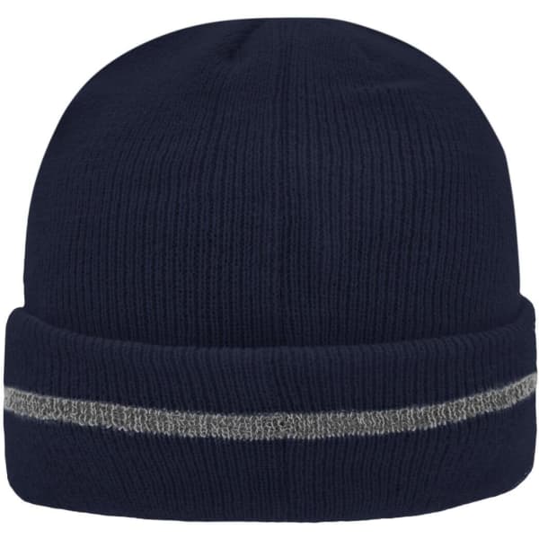 A navy reflective beanie featuring a light grey stripe, knitted with a soft texture and a simple design.