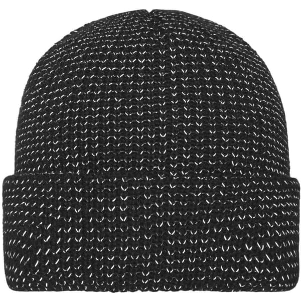 A black beanie with reflective stitching, featuring a simple knitted texture and a folded cuff.