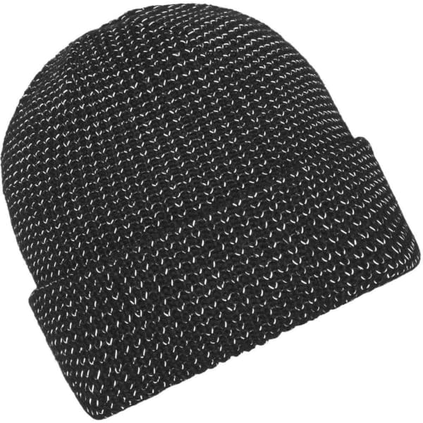 A reflective black winter beanie with a textured knit pattern and a cuffed design. It features branding.