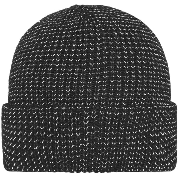 A reflective winter beanie in black with a textured knitted design and a logo.