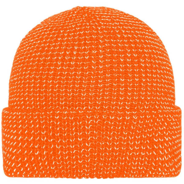 A reflective winter beanie in bright orange, featuring a knitted texture and a folded brim. It has a branding logo.