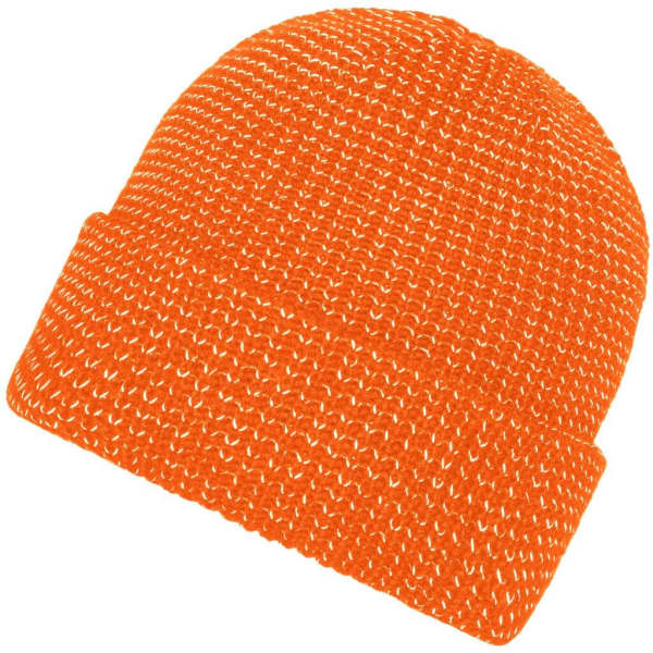A reflective winter beanie in bright orange with a textured knit design and a folded cuff.