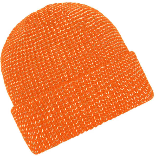 A reflective winter beanie in vibrant orange, featuring a textured knit design and a folded cuff.