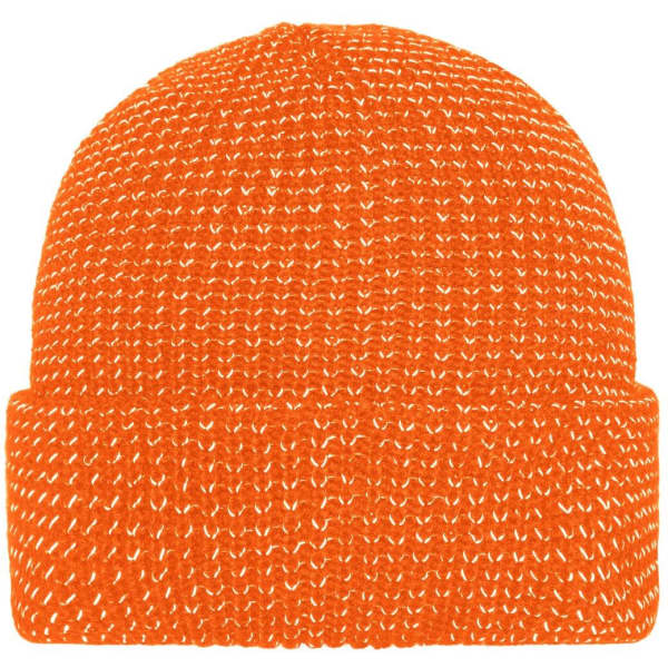 A reflective winter beanie in bright orange, featuring a knitted texture and a cuffed design. It has a logo.