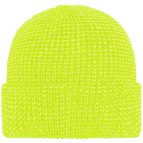 A reflective winter beanie in bright yellow, featuring a knitted texture and a folded brim. It has a logo.