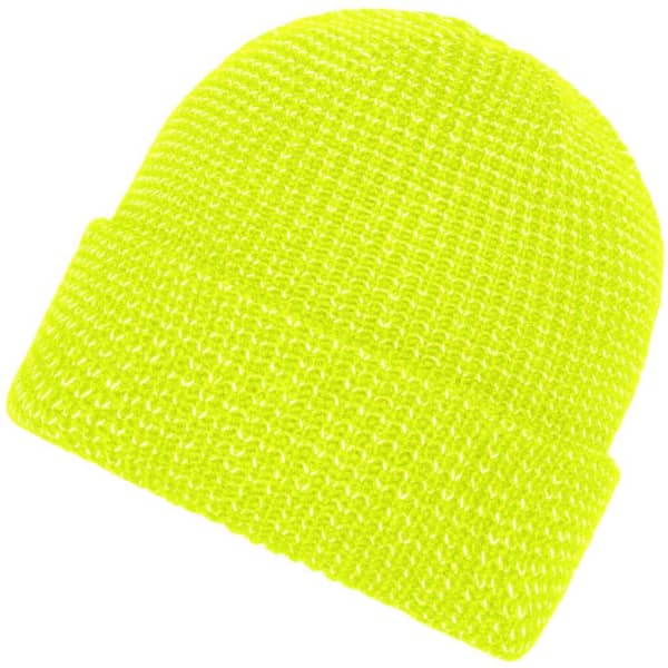 A bright yellow reflective winter beanie with a textured knit design, featuring a turned-up cuff.