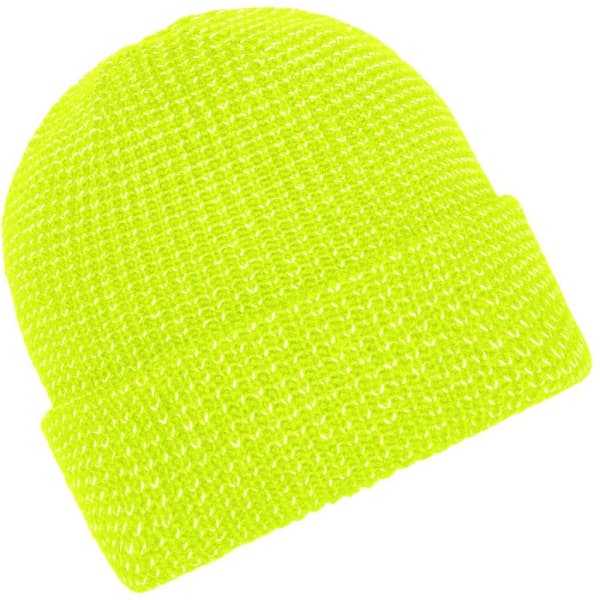 A reflective winter beanie in bright yellow with a ribbed texture and a fold-over cuff, featuring a branding logo.