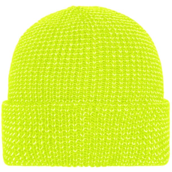 A reflective winter beanie in bright yellow, featuring a knitted design and a folded cuff.