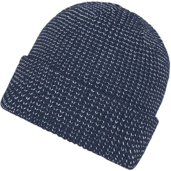 A reflective winter beanie in navy blue featuring a textured knit design and a folded cuff.
