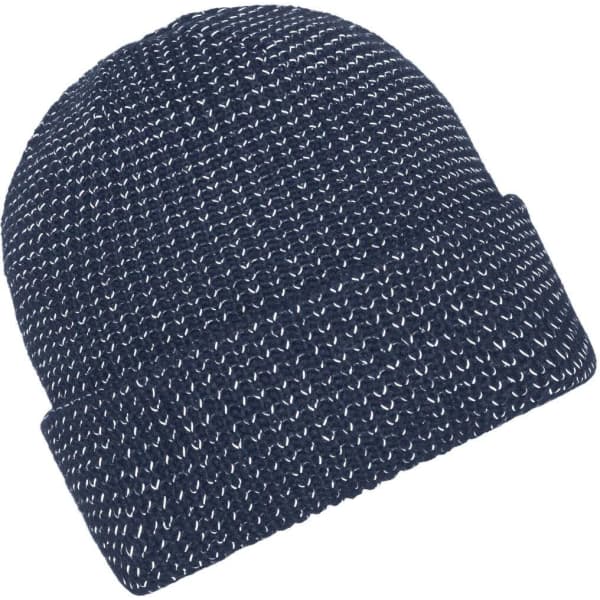 A reflective winter beanie in navy blue with a textured knit pattern and a folded brim. It features a logo.