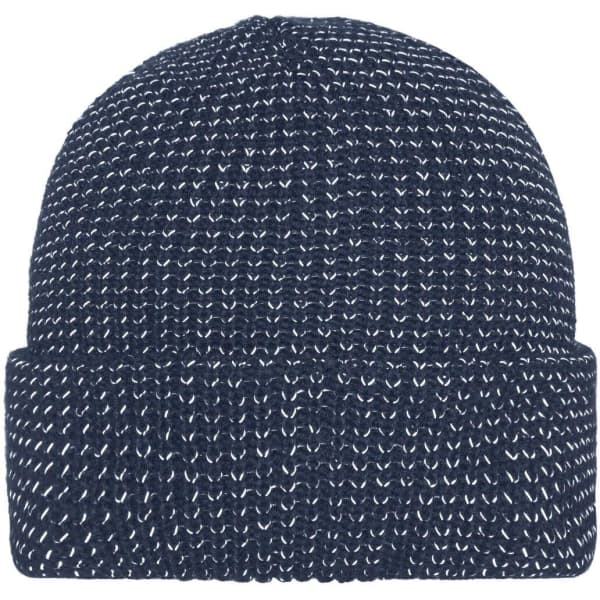 A navy blue reflective winter beanie featuring a textured knit design and a turned-up cuff. It has a logo branding.