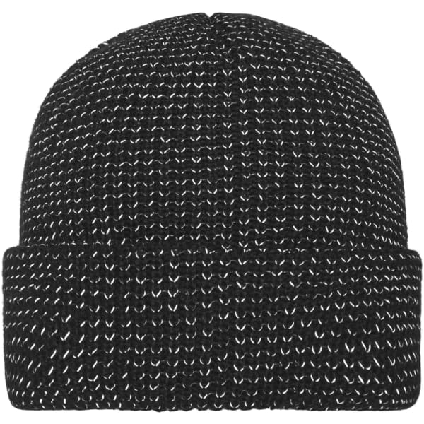 A reflective winter beanie in black with a knitted texture and a fold-over cuff. It features a logo.
