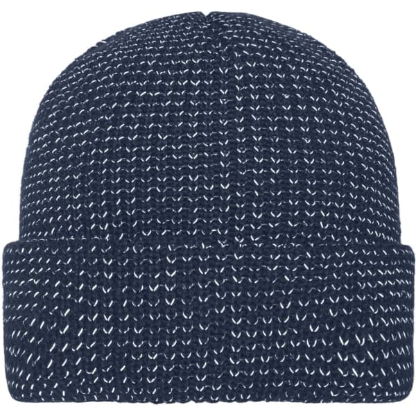 A navy blue knitted winter beanie with reflective threads, featuring a cuffed design. It has a branding logo.