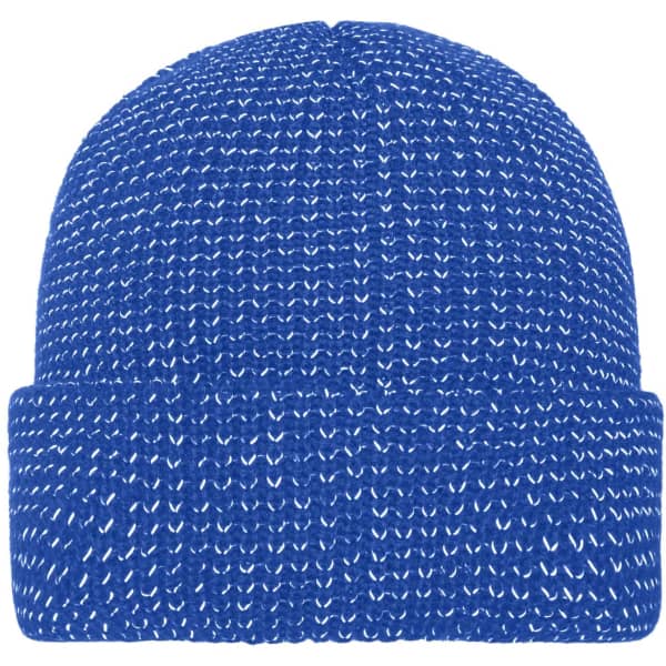 A blue reflective winter beanie with a textured knit design, featuring a fold-over cuff.