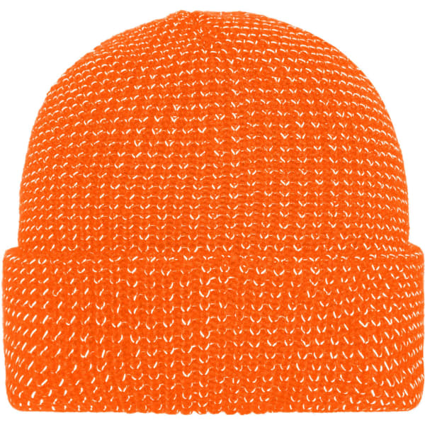 An orange reflective winter beanie with a thick knitted texture and a folded cuff. It features a logo.