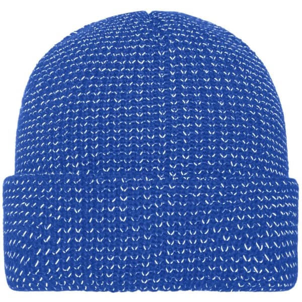 A reflective winter beanie in vibrant blue with a textured knit pattern and a folded cuff.