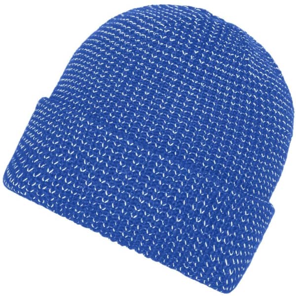 A reflective winter beanie in blue with a textured knit pattern, featuring a logo or branding.