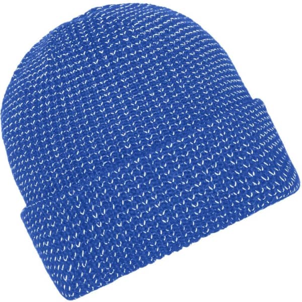 A reflective winter beanie in vibrant blue, featuring a knitted texture and a folded cuff. Includes a logo.
