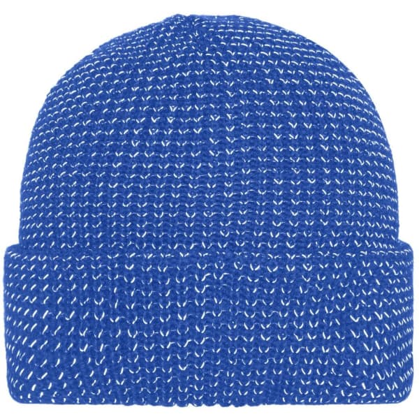A blue reflective winter beanie with a folded cuff and a textured knit pattern, featuring a logo.