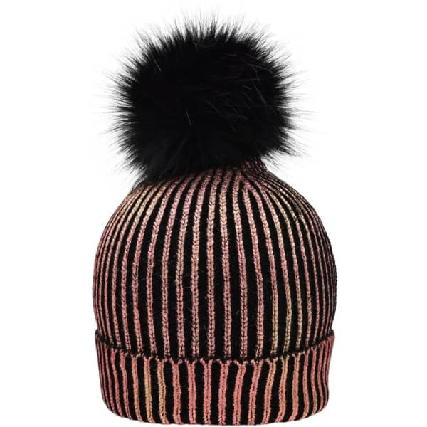 A ladies metallic beanie featuring a pink and black striped design with a fluffy black pom-pom on top.