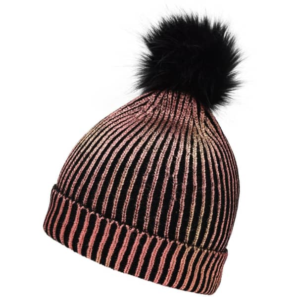 A metallic beanie in shades of pink and black, featuring a fluffy black pom-pom at the top and a ribbed pattern.
