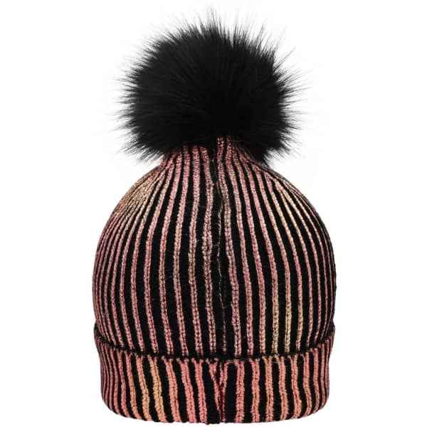 A ladies metallic beanie featuring pink and gold stripes with a black pom-pom on top. It has a logo detail.