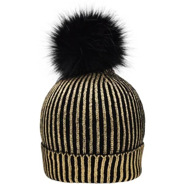A striped metallic beanie in gold and black featuring a black pom pom on top. It has a logo on the band.