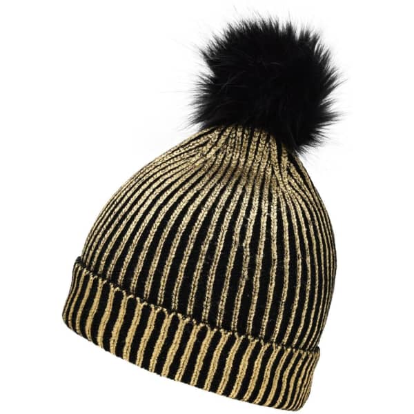 A metallic black and gold beanie with a fluffy black pom-pom on top. It features a ribbed design and a logo.