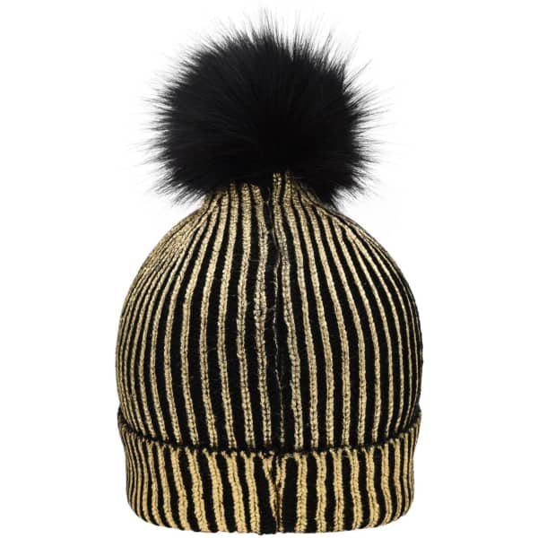 A metallic beanie in black and gold with a fluffy black pom-pom on top. It features a ribbed texture and a logo.