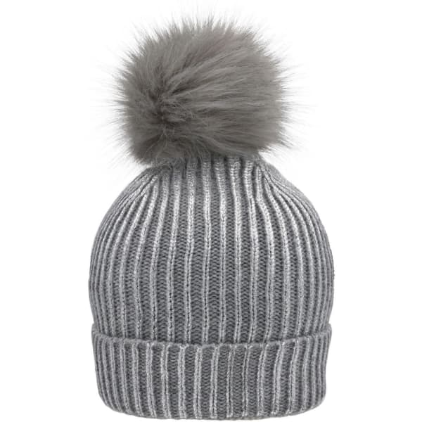 A grey metallic beanie with a fluffy pom-pom on top and ribbed texture. Features a logo.