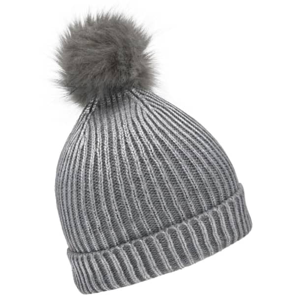 A ladies metallic beanie in grey with a fluffy pom-pom on top, featuring a ribbed texture and a logo.