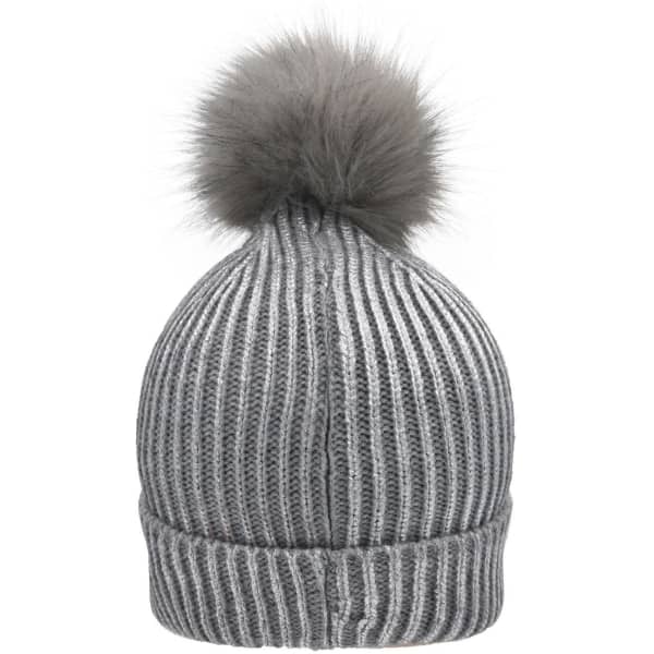 A grey metallic beanie with a fluffy pom-pom on top and ribbed texture. It features a logo on the side.